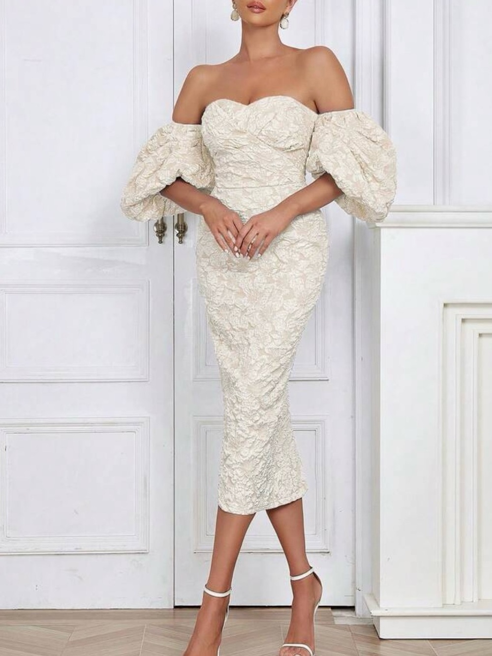 Off-Shoulder Textured Lace Midi Dress in Ivory